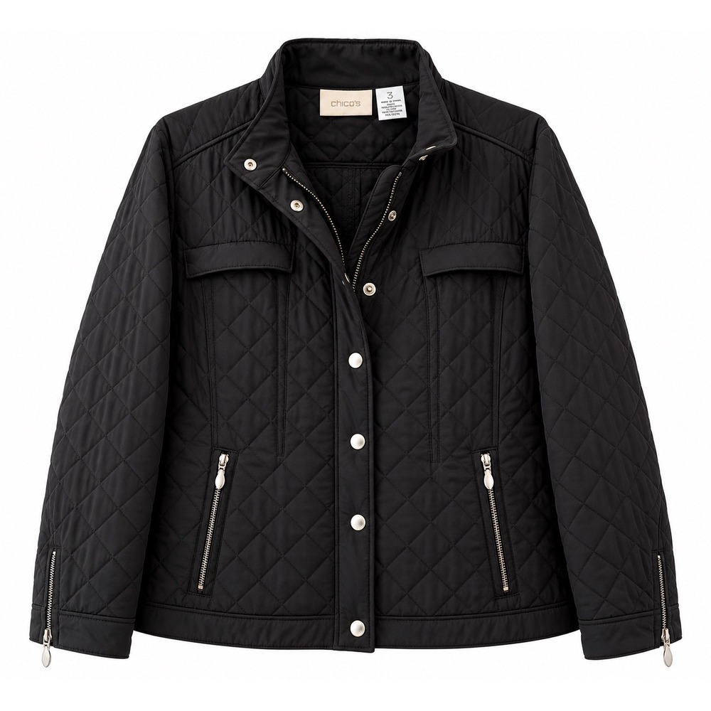 Chico's Black Quilted Utility Jacket Size 3 XL Snap Zip Pockets Lightweight